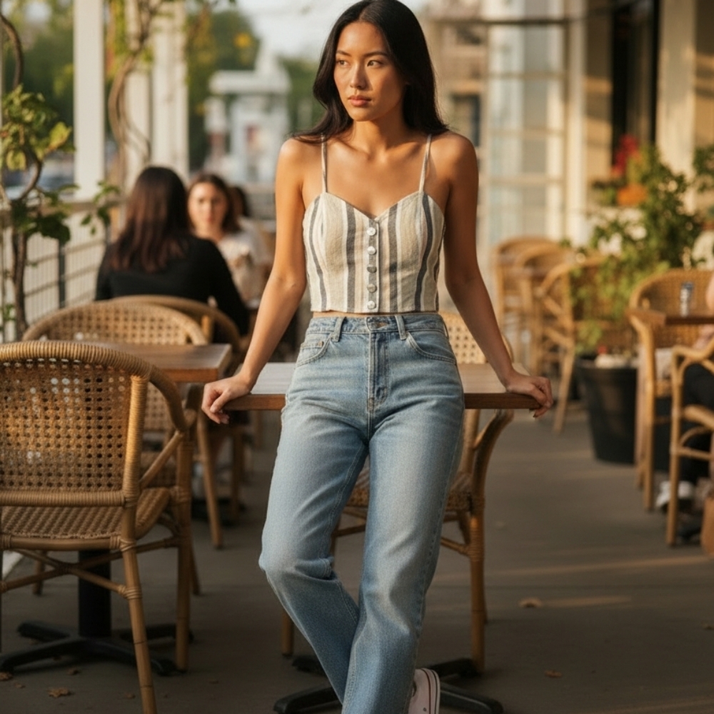 Small Express  Multicolor Striped Button Cropped Top